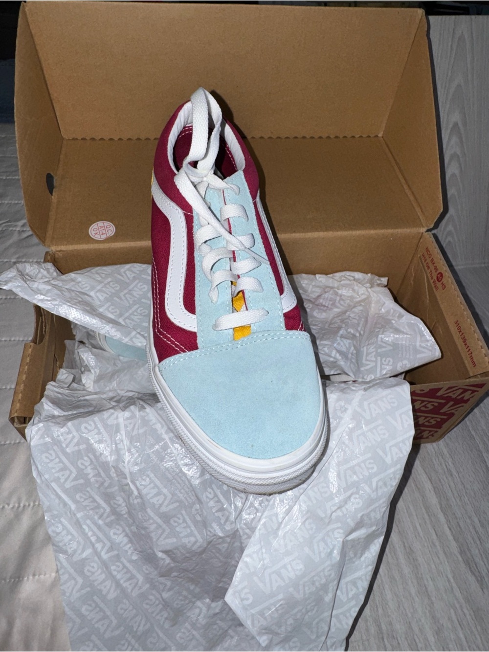 Vans Women's Two-Tone Suede & Canvas Sneaker - Light Blue, Burgundy & White